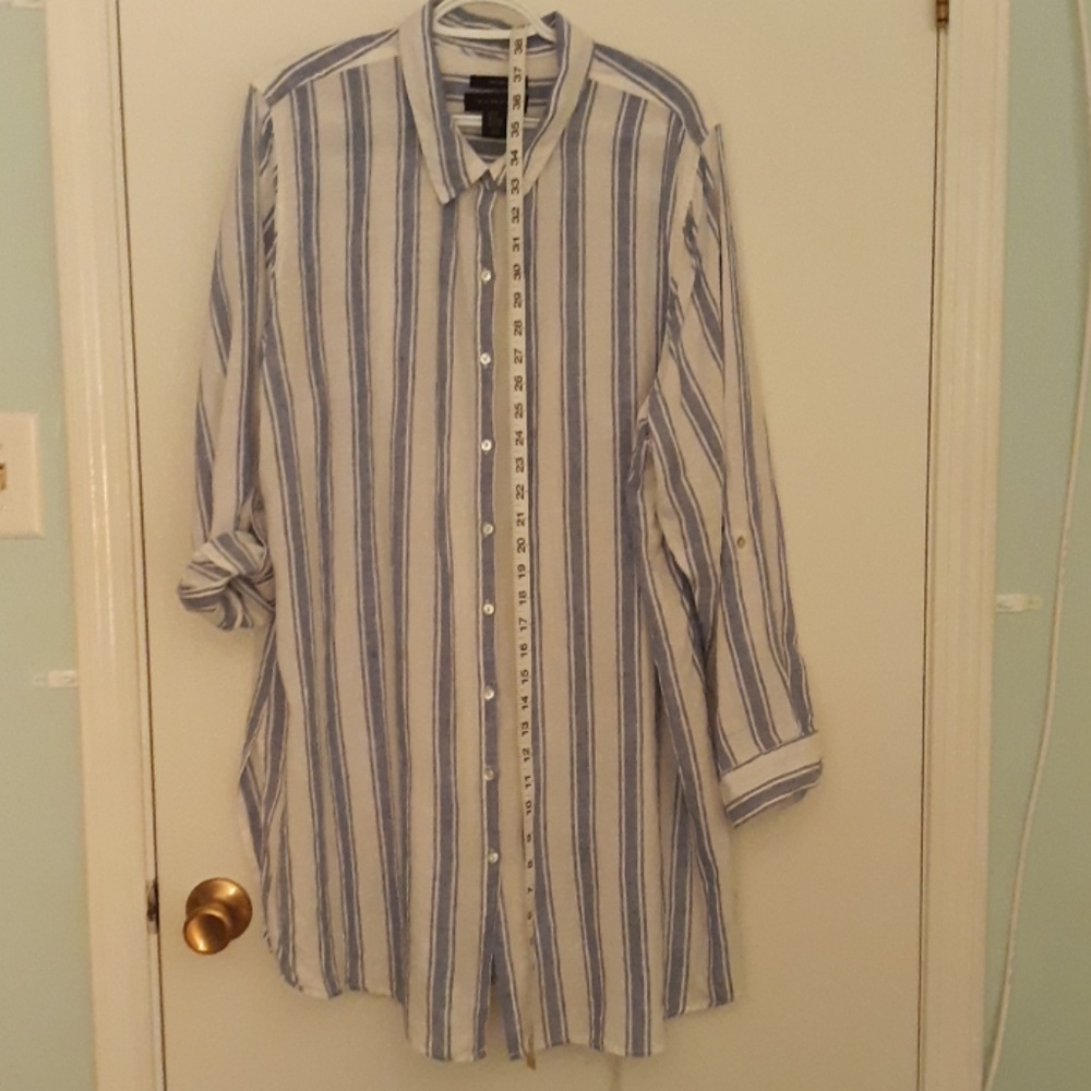 Tahari 2x blu & white stripe 100 linen tunic LS
